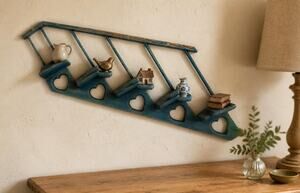 Vintage Teal Wood Stair Step Wall Shelf Heart Cutout Country Curio Display
